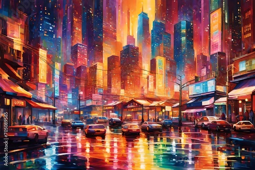 a mesmerizing cityscape featuring tall buildings  lively streets  and an array of colorful lights.  
