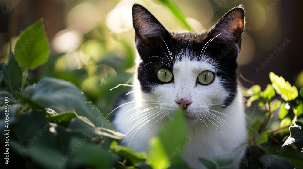 Black and White Cat With Green Eyes Sitting in the Grass