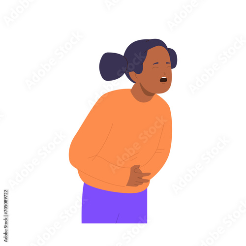 Girl child cartoon character touching stomach feeling acute abdominal pain isolated on white