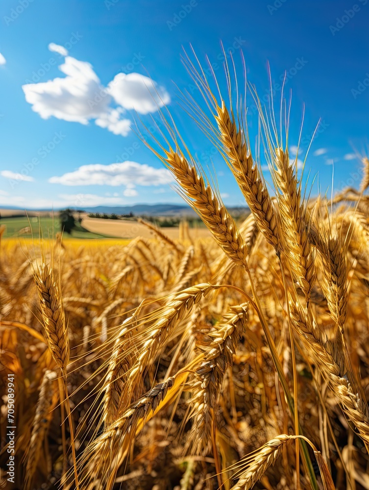Naklejka premium Wheat field. Ears of golden wheat close up. Beautiful Rural Scenery under Shining Sunlight and blue sky. Background of ripening ears of meadow wheat field. Generative AI