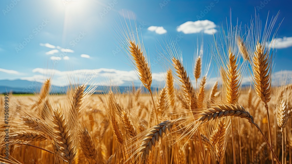 Wheat field. Ears of golden wheat close up. Beautiful Rural Scenery under Shining Sunlight and blue sky. Background of ripening ears of meadow wheat field. Generative AI Wheat field. Ears of golden wheat close up. Beautiful Rural Scenery under Shining Sunlight and blue sky. Background of ripening ears of meadow wheat field. Generative AI
