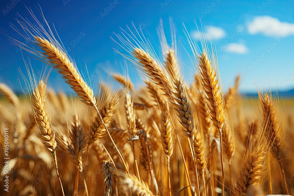Wheat field. Ears of golden wheat close up. Beautiful Rural Scenery under Shining Sunlight and blue sky. Background of ripening ears of meadow wheat field. Generative AI Wheat field. Ears of golden wheat close up. Beautiful Rural Scenery under Shining Sunlight and blue sky. Background of ripening ears of meadow wheat field. Generative AI