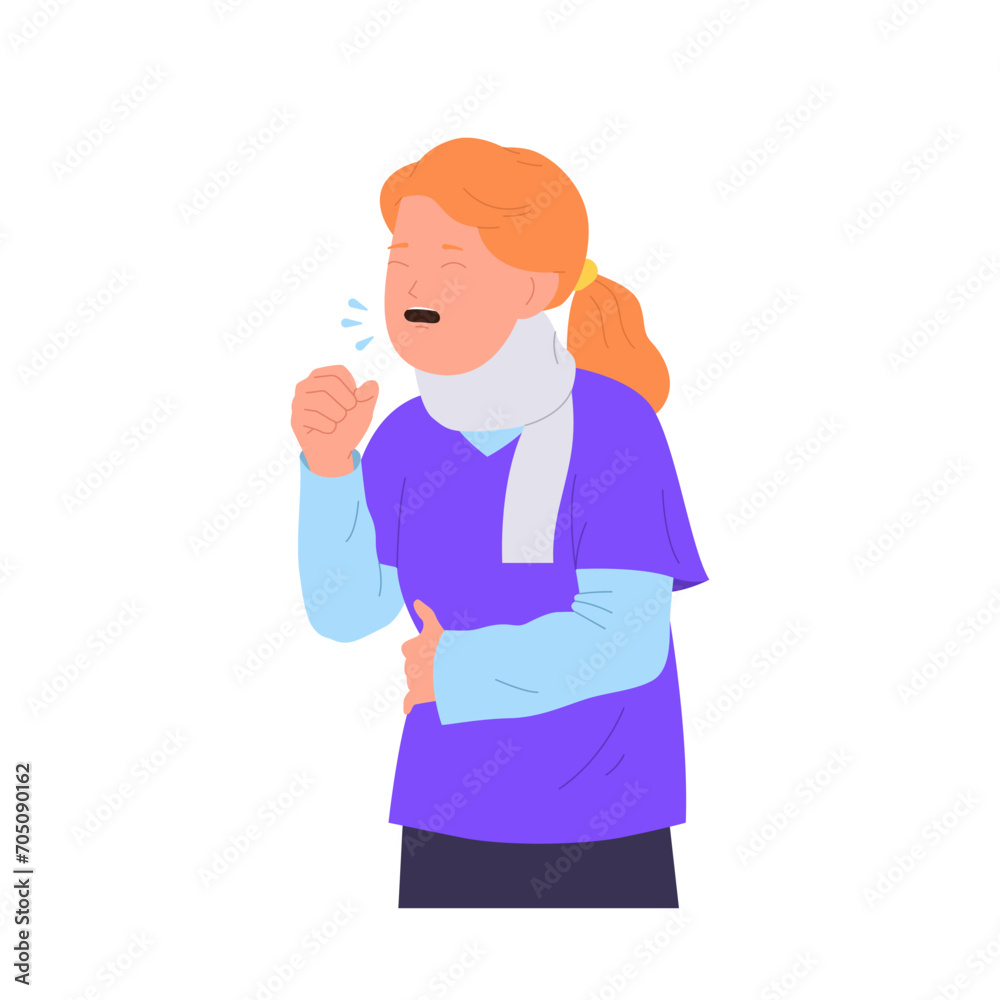 Little girl child cartoon character feeling sick and unhealthy coughing in hand vector illustration