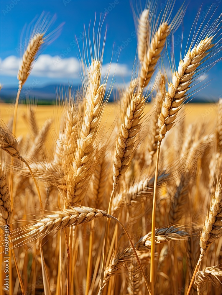 Wheat field. Ears of golden wheat close up. Beautiful Rural Scenery under Shining Sunlight and blue sky. Background of ripening ears of meadow wheat field. Generative AI