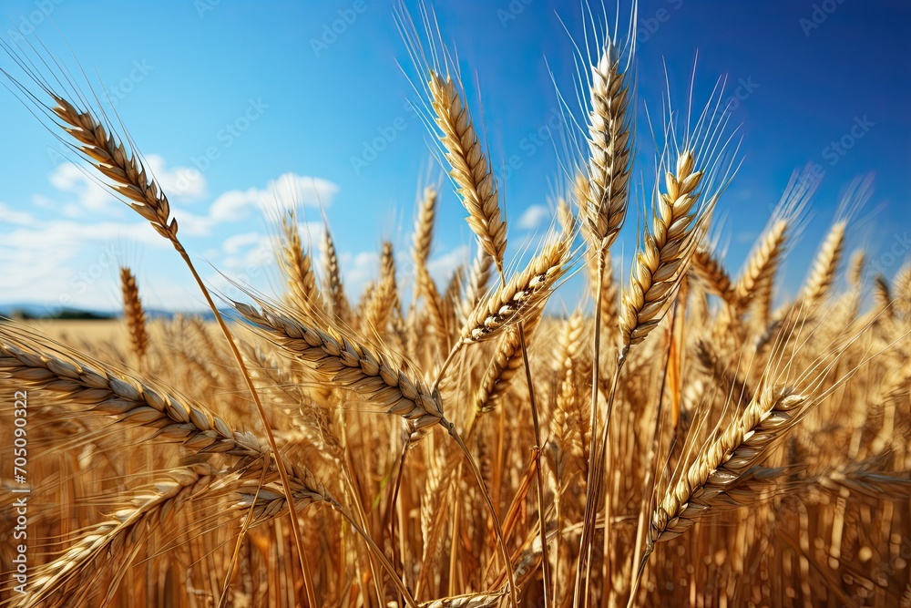 Wheat field. Ears of golden wheat close up. Beautiful Rural Scenery under Shining Sunlight and blue sky. Background of ripening ears of meadow wheat field. Generative AI Wheat field. Ears of golden wheat close up. Beautiful Rural Scenery under Shining Sunlight and blue sky. Background of ripening ears of meadow wheat field. Generative AI