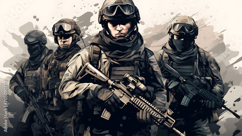 Special forces Military Unit wearing full tactical gear, wartime, battlefield. Illustration Graphic Design