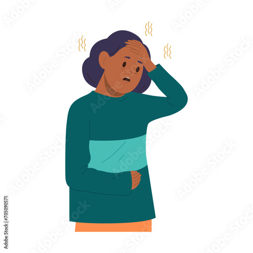 Little girl child cartoon character feeling unwell touching forehead and stomach vector illustration