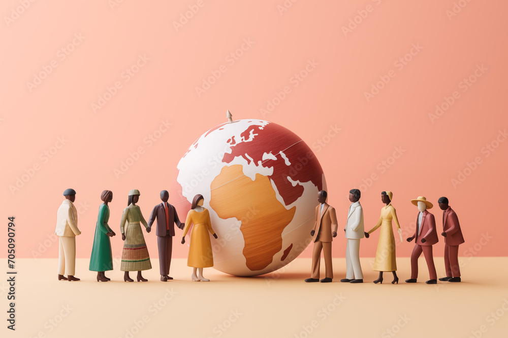 Obraz na płótnie Multi cultural Human figures standing in front of world globe map and looking at it, human puppet figures near the globe, world population and  ethnicity concept in a minimalist copy space background w salonie