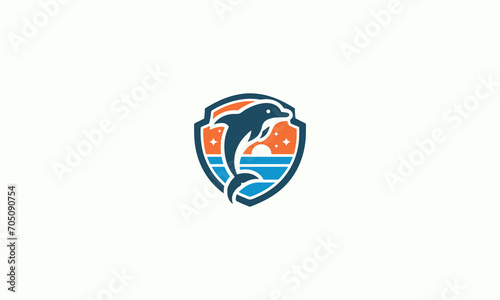 dolphin jump on sea with shield vector logo design