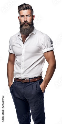 Isolated standing handsome bearded man wearing  white shirt, cutout on transparent background, ready for architectural visualisation. © Michael
