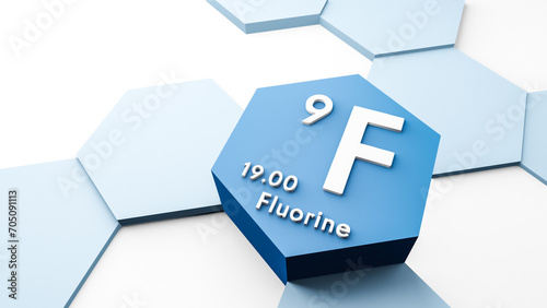 F Fluorine chemical element from the periodic table with atomic weight, science or scientific symbol, conceptual illustration for research or education photo