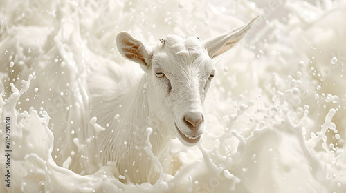 Milk splashes across the milky white poster featuring a goat with lots of details full length. Nice background