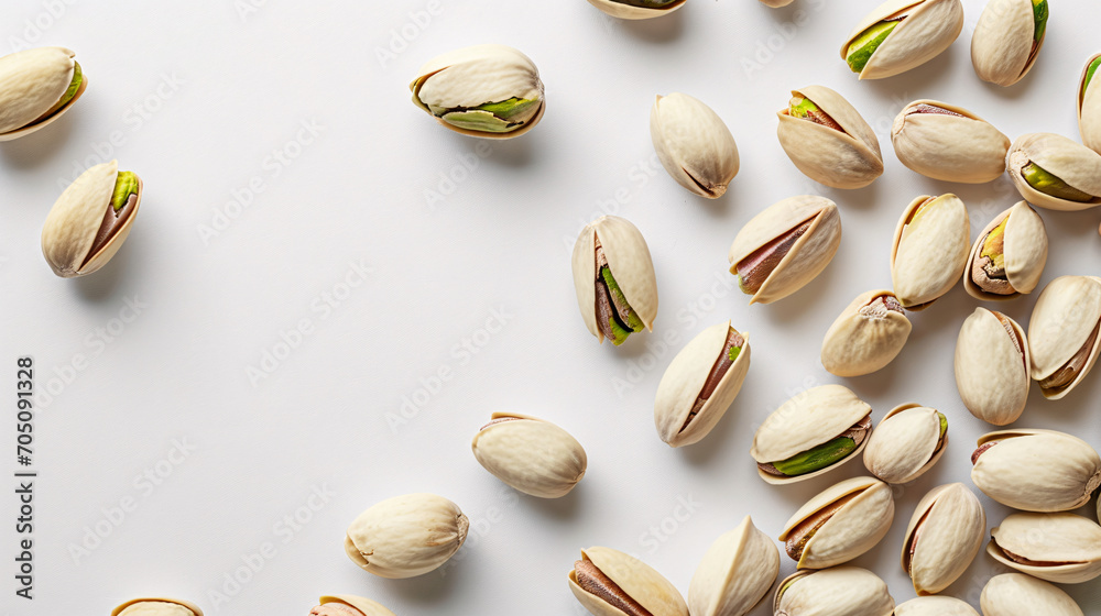 Pistachios on white background, top view. Healthy food