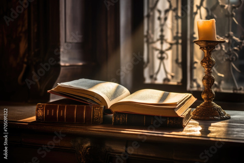 Antique old book and candle on wooden desk next to the window