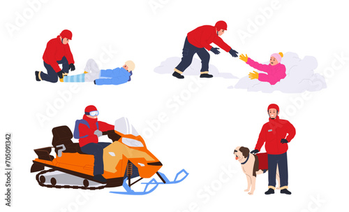 Winter rescuers team with dog and various equipment to save people lives isolated on white