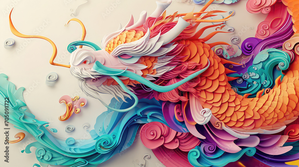 colorful asian dragon origami style, generative AI