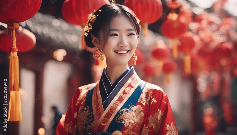 smiling Chinese girl with Chinese new year traditional clothing, lunar spring festival