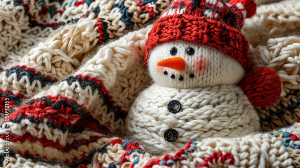 Knitted Christmas and New Year wool pattern. Christmas joys with knitted snowman. Close-up of Sweater Design. Knitted Christmas and New Year wool pattern. Christmas joys with knitted snowman. Close-up of Sweater Design.