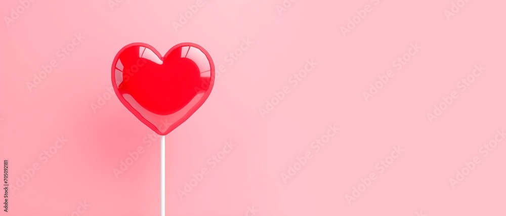 Red heart shaped lollipop isolated on pink background. horizontal banner, copy space for text, valentine´s day card or banner, love concept 