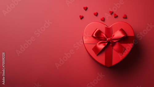 Top view of heart shape gift box with little heart decoration on red background. Template for sale banner, surprise poster and brochure. Celebrate valentine's day, anniversary wedding. Generative ai.