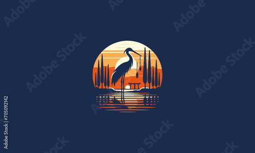 stork on beach and palm sunset vector logo design