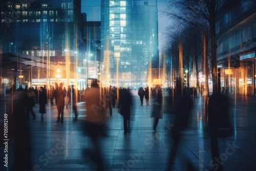 People walking in a downtown city during night. Motion blur image with blurred background