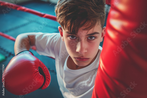 Handsome teenage boy wearing red boxing gloves looking at camera in boxing ring. Sport competition, motivation, discipline, self-control, personal development © vejaa