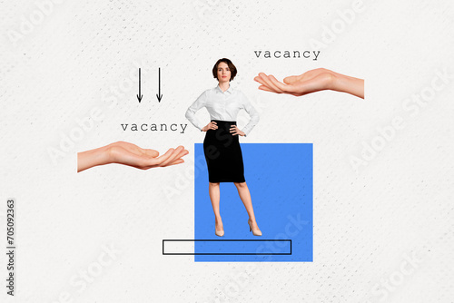 Horizontal minimal collage of young business woman office worker look for vacancy big hand hold proposition isolated on white background