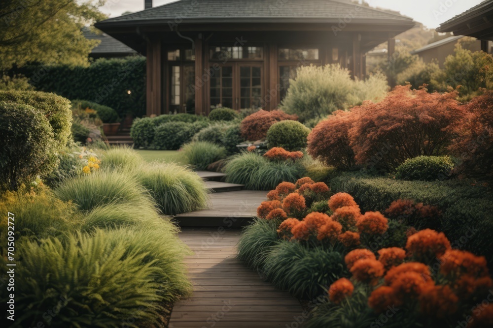 Obraz premium Luxurious landscaping in the home garden with various flowers, plants, shrubs, trees and a wooden path. The front yard of the house, Landscape, landscaping in spring and summer.