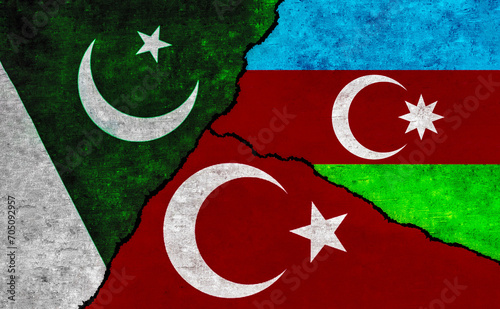 Turkey, Azerbaijan and Pakistan painted flags on a wall with a crack. Azerbaijan, Turkey and Pakistan relations