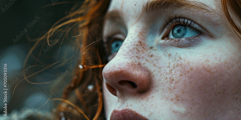 A close up photograph of a woman with freckles on her face. This image can be used to showcase natural beauty or to represent diversity in beauty standards A close up photograph of a woman with freckles on her face. This image can be used to showcase natural beauty or to represent diversity in beauty standards