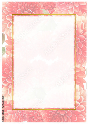 Vertical card template with watercolor red flowers and golden rectangular frame