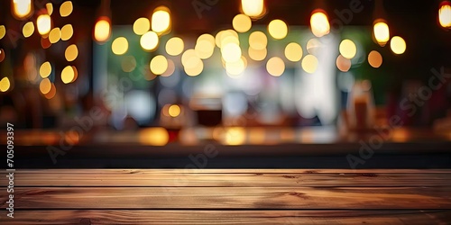 Festive city night. Blurred bokeh lights on wooden table creating abstract and modern background perfect for christmas parties and celebratory events. Urban celebration