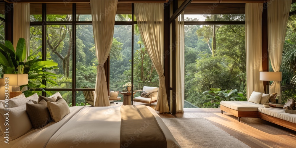 Fototapeta premium A cozy bedroom with large windows offering a view of the lush jungle outside.