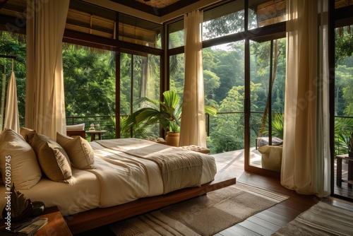 A cozy bedroom with large windows offering a view of the lush jungle outside. © ParinApril