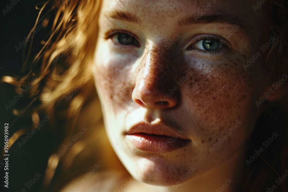 A close up of a woman with freckles on her face. This image can be used for beauty, skincare, and natural look concepts A close up of a woman with freckles on her face. This image can be used for beauty, skincare, and natural look concepts