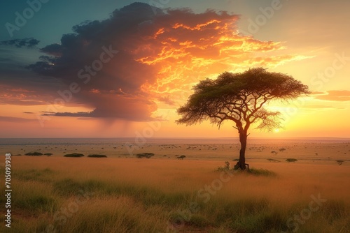 A majestic African savanna landscape at sunset with a dramatic sky.