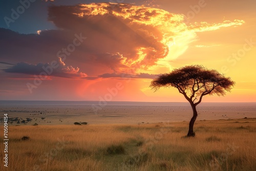 A majestic African savanna landscape at sunset with a dramatic sky.