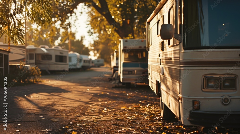 Obraz premium A collection of recreational vehicles parked in a designated parking area. Suitable for travel, camping, or outdoor lifestyle themes