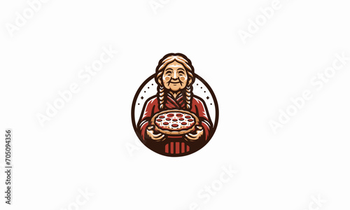 old women hold pizza vector logo design
