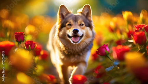 Dog running though a field of roses