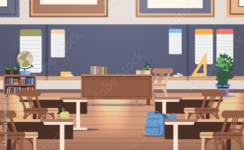 Empty cartoon classroom interior front view. Modern school cabinet for lesson and education. Flat vector illustration