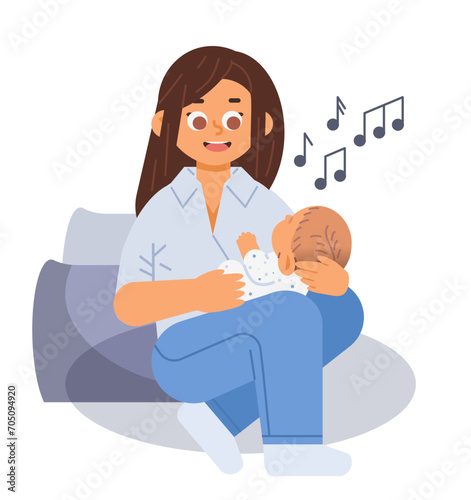 Young mother in casual clothes holds a baby and sings to him. Flat vector illustration on isolated background