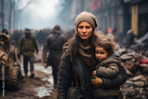 Woman carrying child trying to evacuate from city war zone