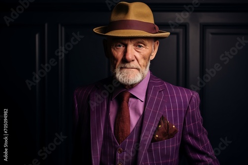Portrait of an old man in a suit and hat. Men's beauty, fashion.