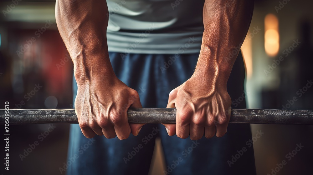 Naklejka premium A close-up of hands gripping a barbell