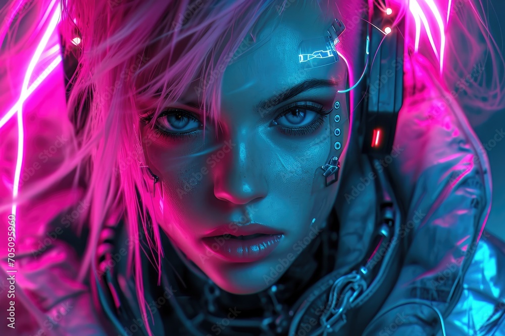 A futuristic woman with neon hair and cybernetic enhancements