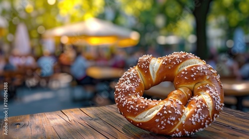 A Munich pretzel on a wooden table with a blurred beer garden background.