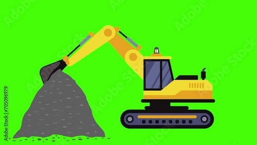industrial machine, moves gravel, in the building  industry, green screen flat animation