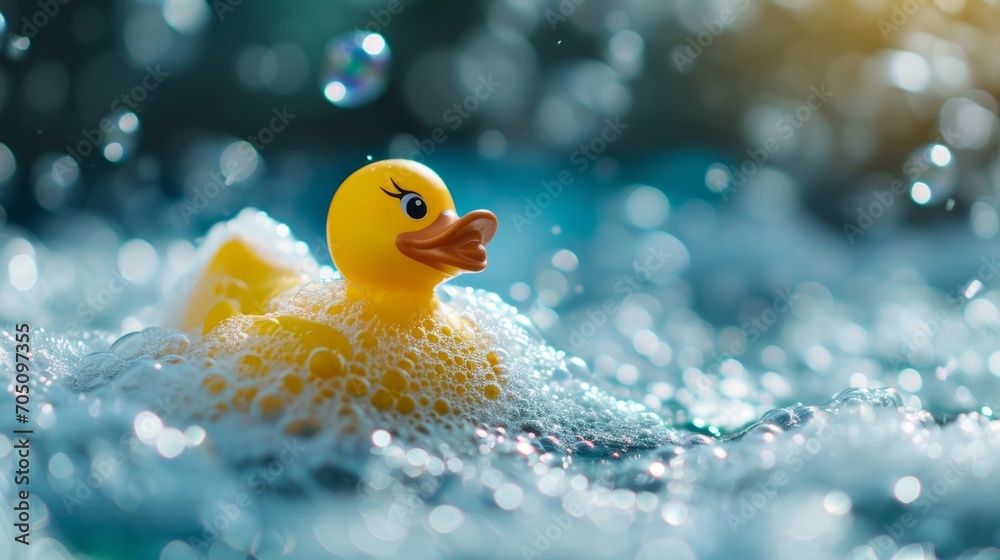 Rubber Duck Floating in Pool of Water, Playful and Relaxing Bath Toy Rubber Duck Floating in Pool of Water, Playful and Relaxing Bath Toy